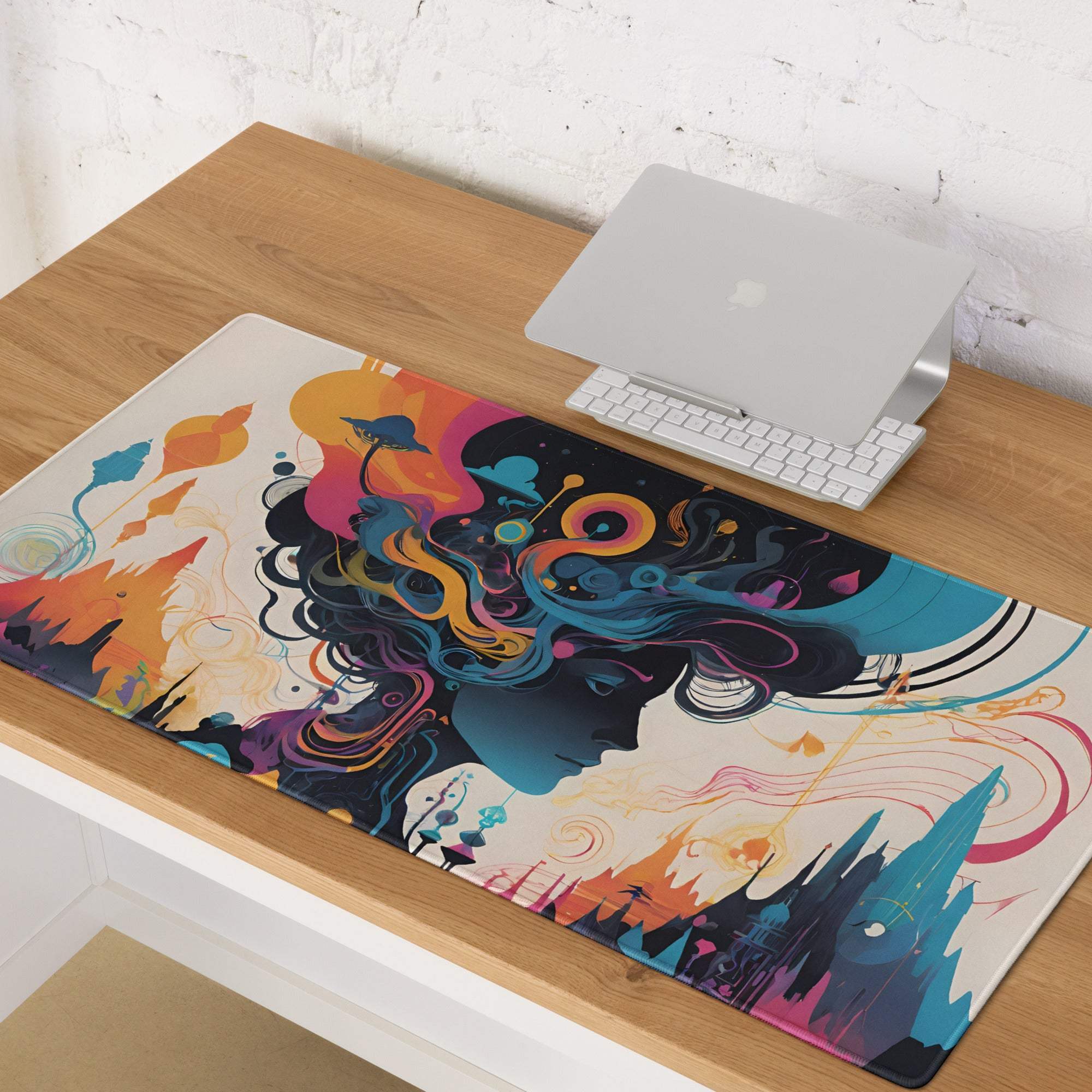 Vibrant abstract fantasy woman portrait gaming mouse pad with colorful swirls