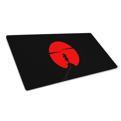 Large black gaming mouse pad with red sun silhouette on cliff, non-slip base