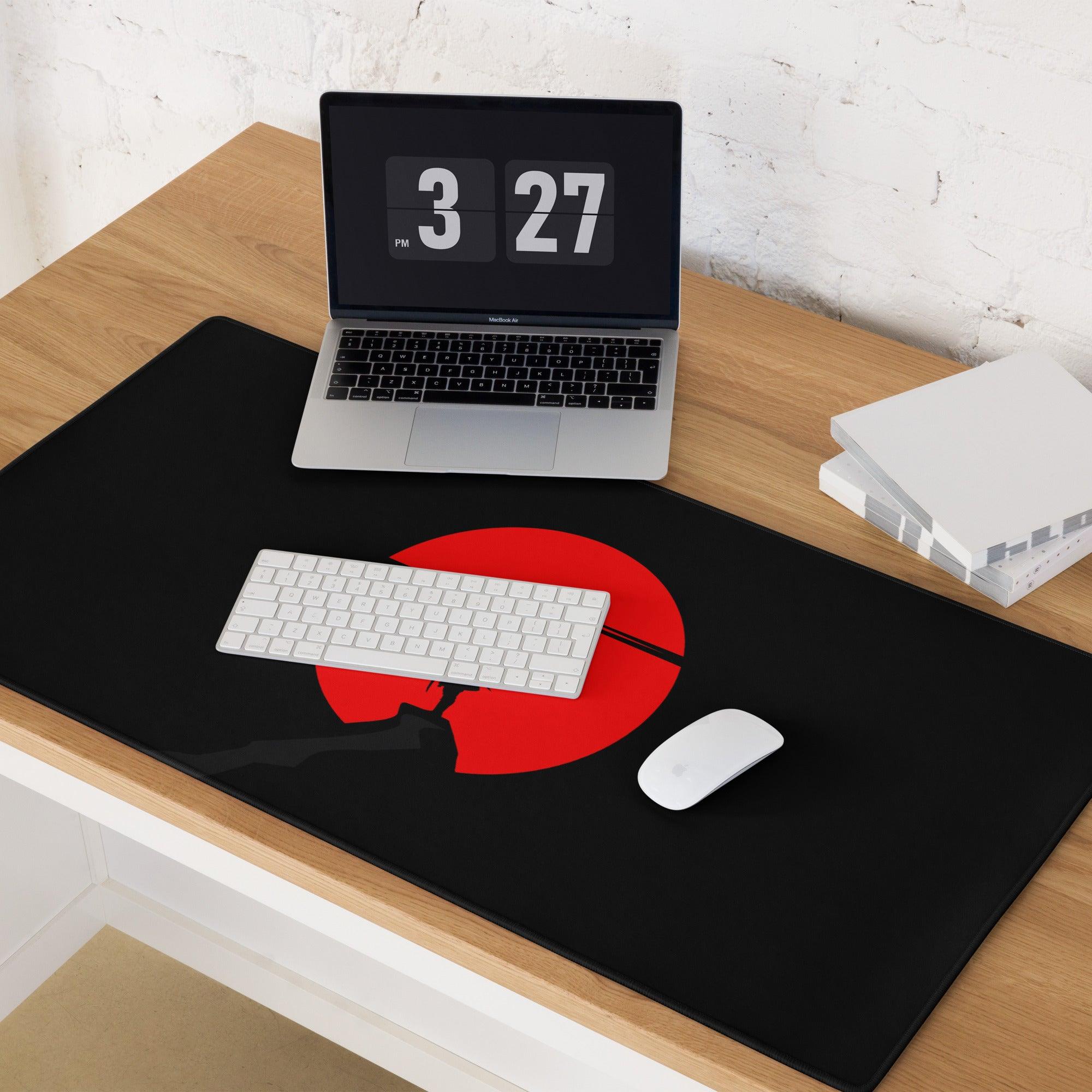 Large black gaming mousepad with red sun silhouette, non-slip base, stitched edges