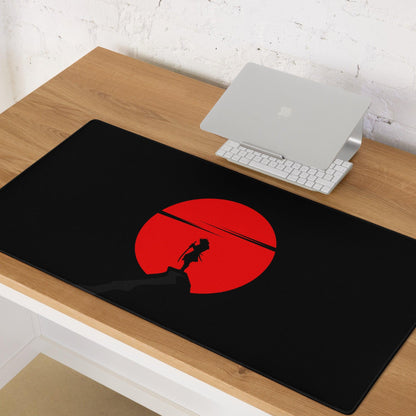 Large black gaming mousepad with red sun silhouette on cliff, non-slip base