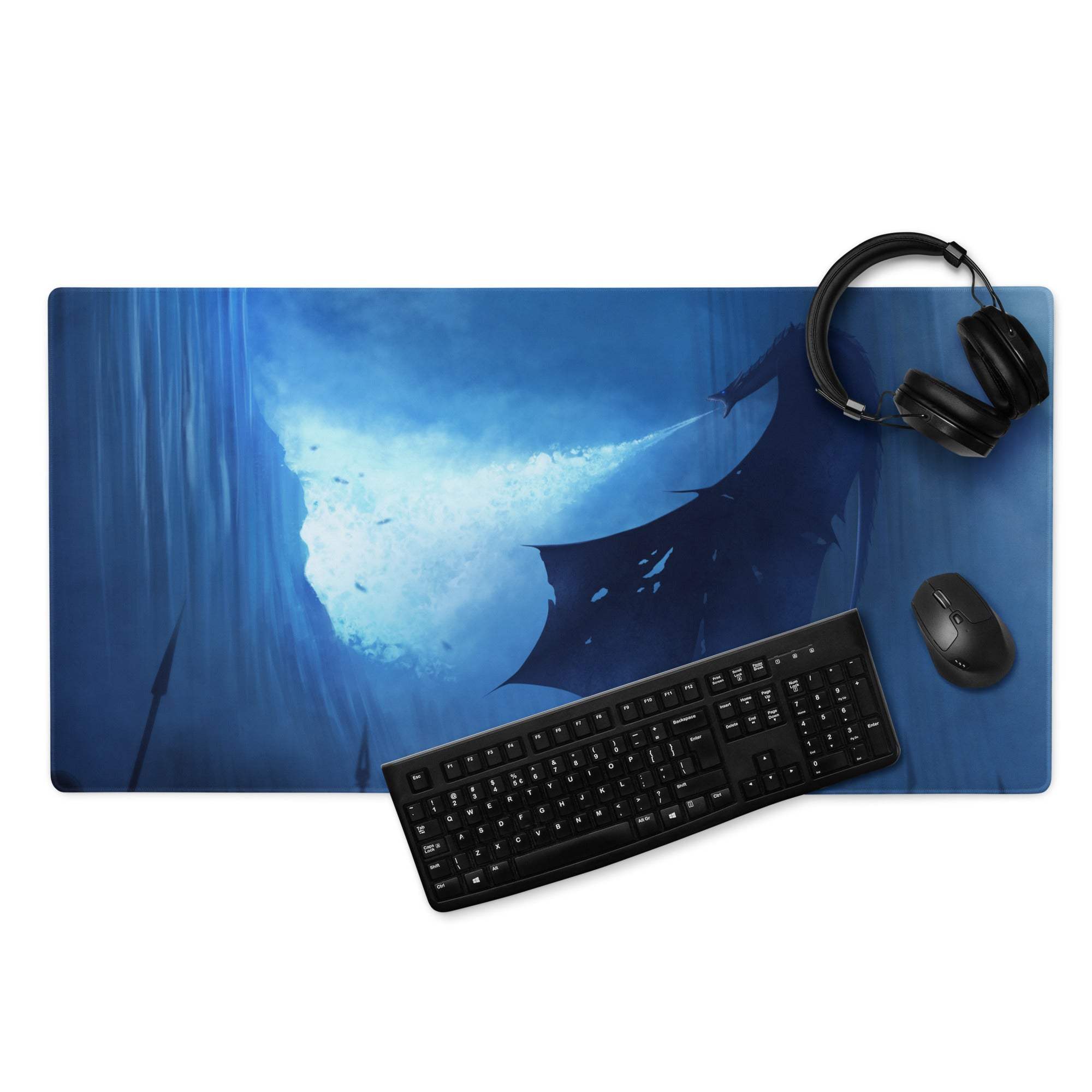 Blue ocean manta ray gaming mousepad with epic fantasy dragon design