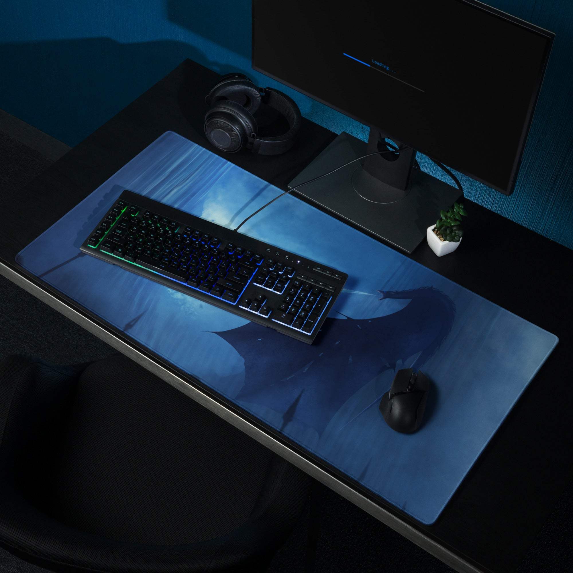 Blue Epic Fantasy Dragon Nightfall gaming mousepad with winged figure