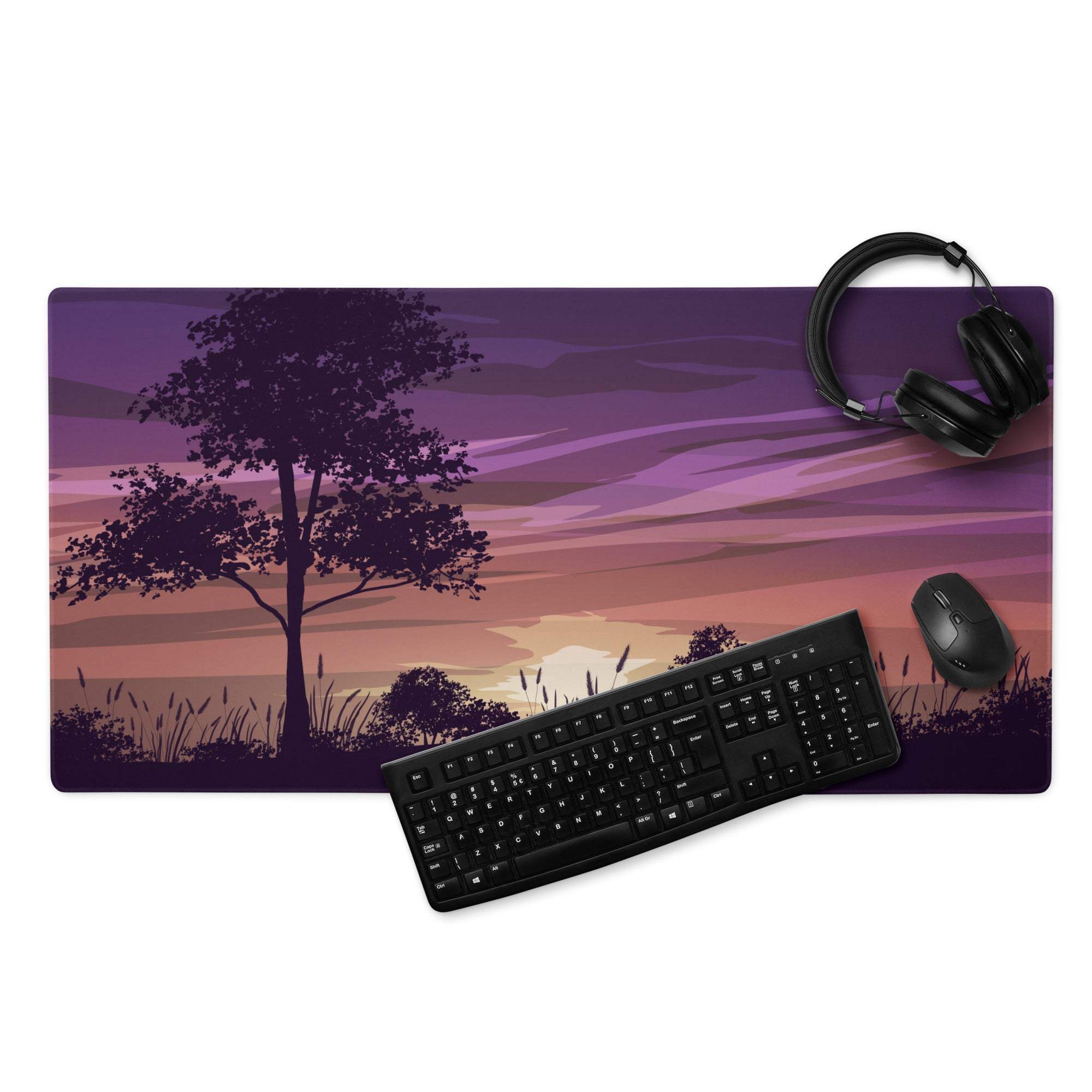 Purple pink sunset landscape mousepad with tree silhouette, large gaming pad