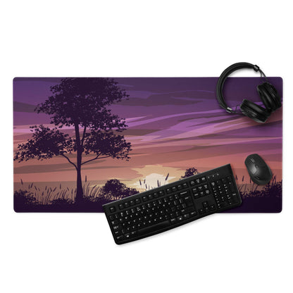 Purple pink sunset landscape mousepad with tree silhouette, large gaming pad