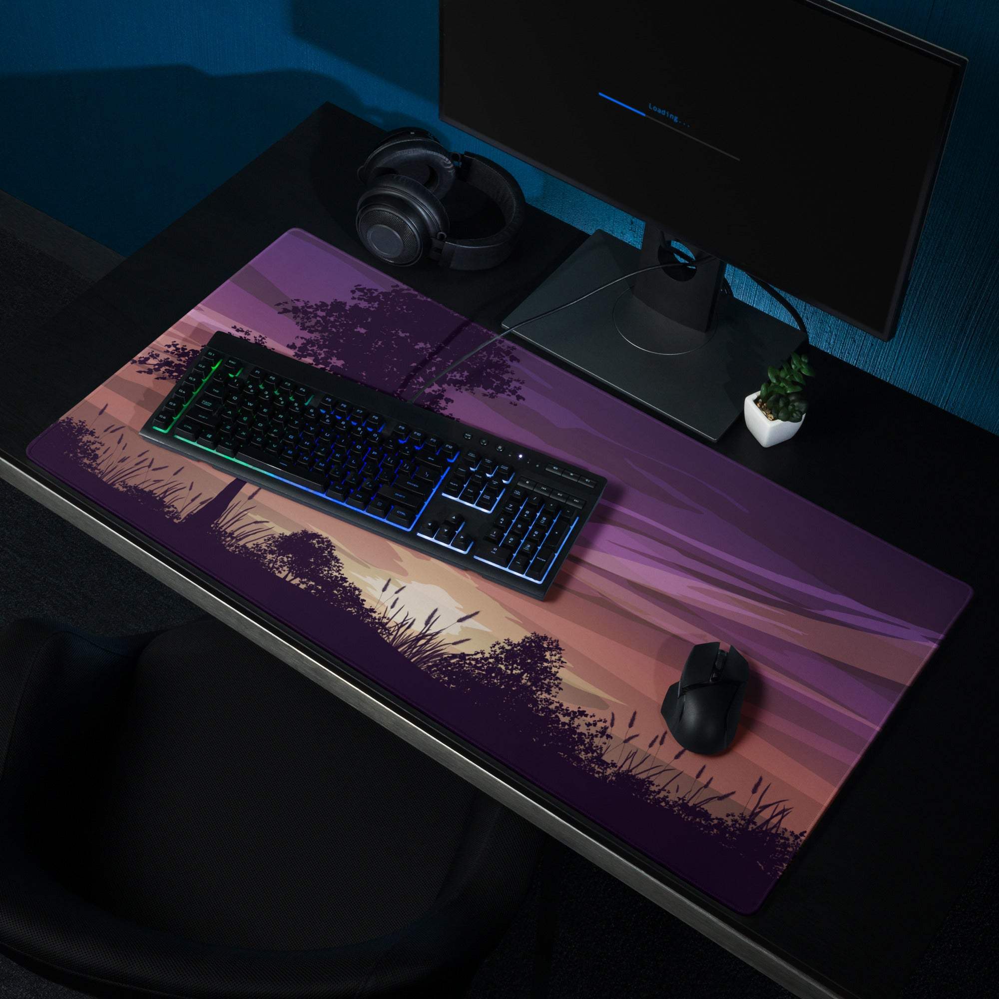 Purple pink gradient sunset silhouette large gaming mouse pad