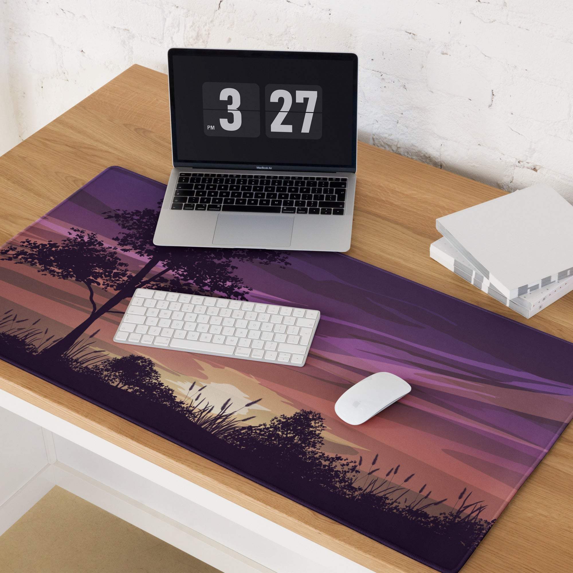 Sunset Silhouette Purple Mood large gaming mouse pad with pink-purple gradient, trees, grass