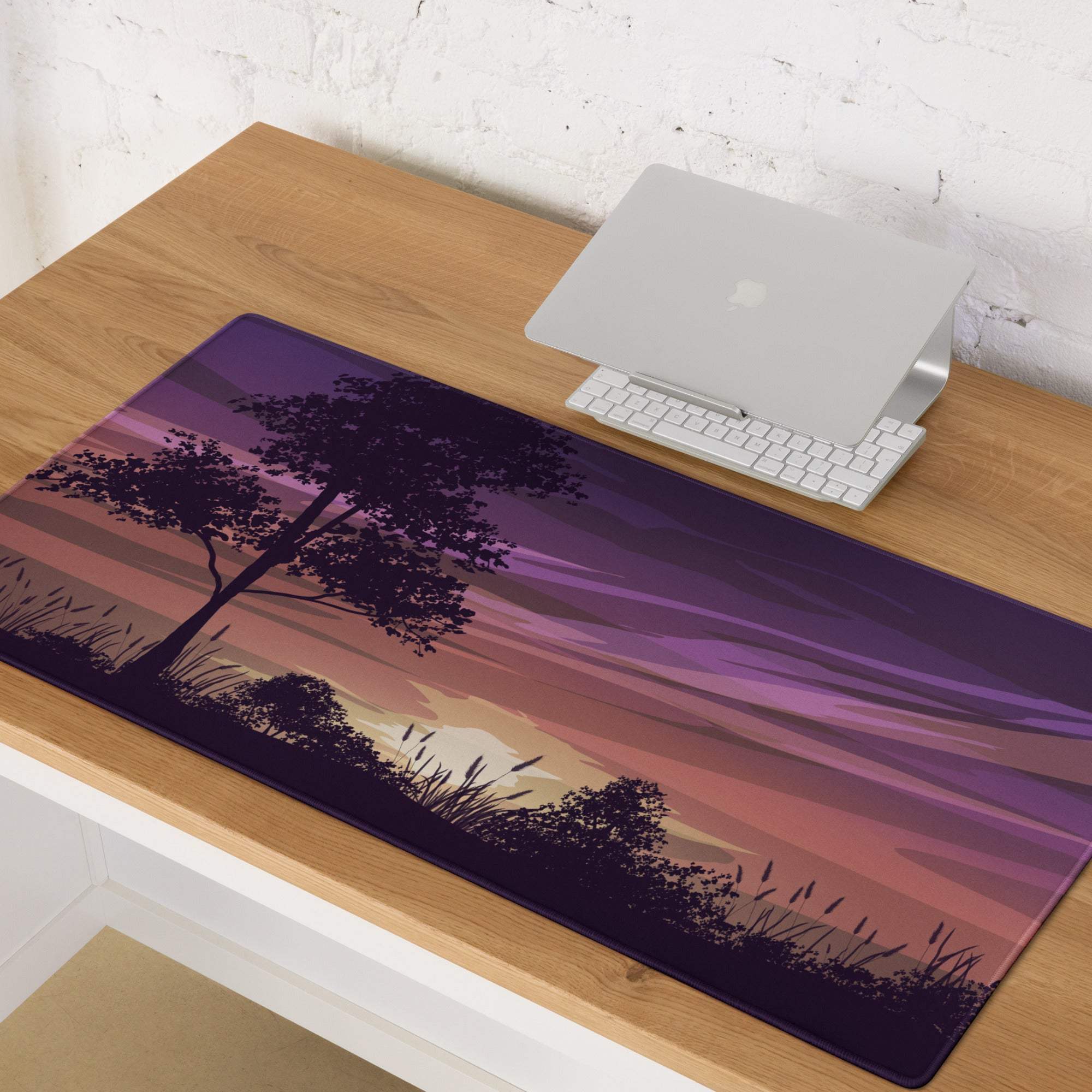 Purple pink gradient sunset tree silhouette large gaming mouse pad