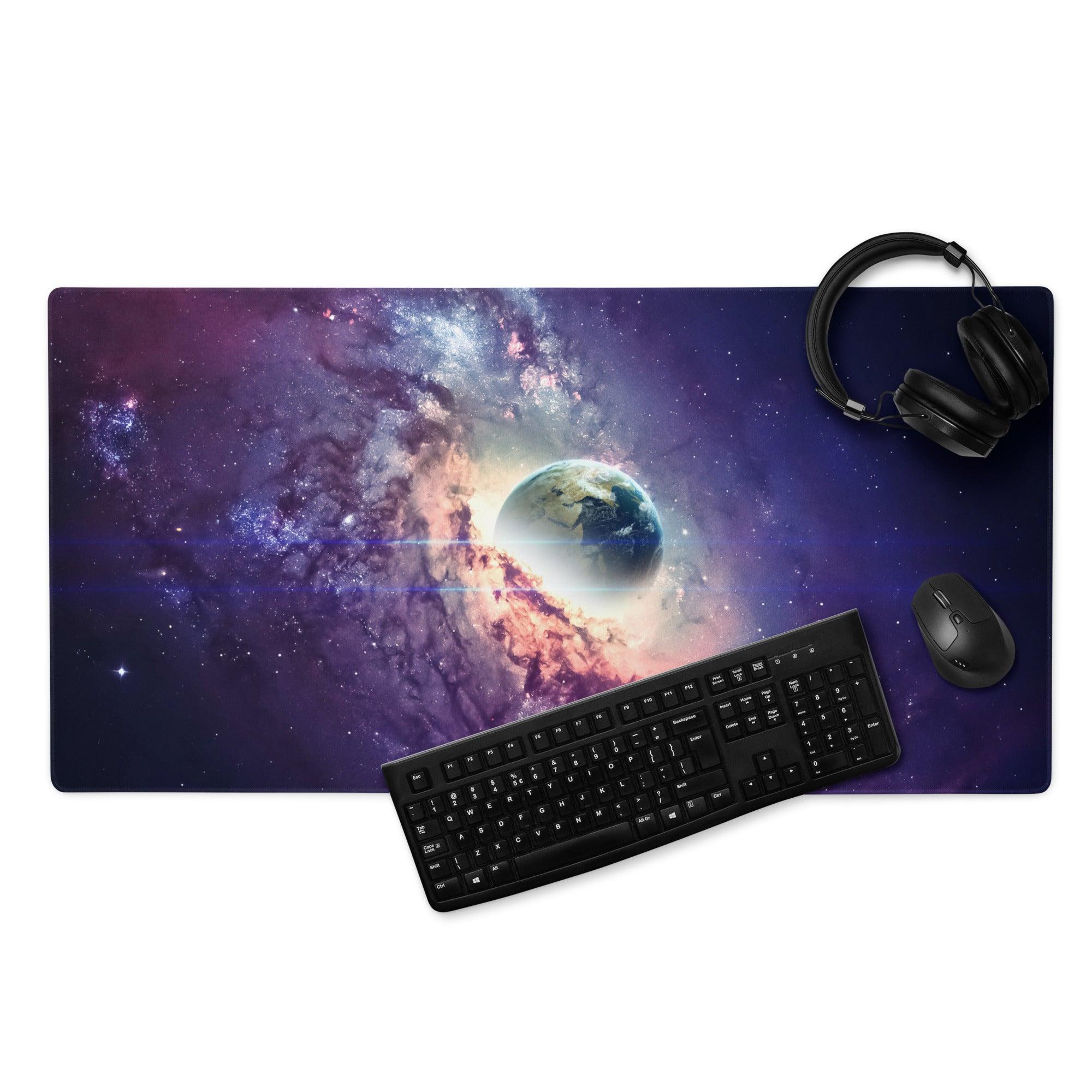 Cosmic galaxy mouse pad with earth, nebulae, stars in purple, blue, orange