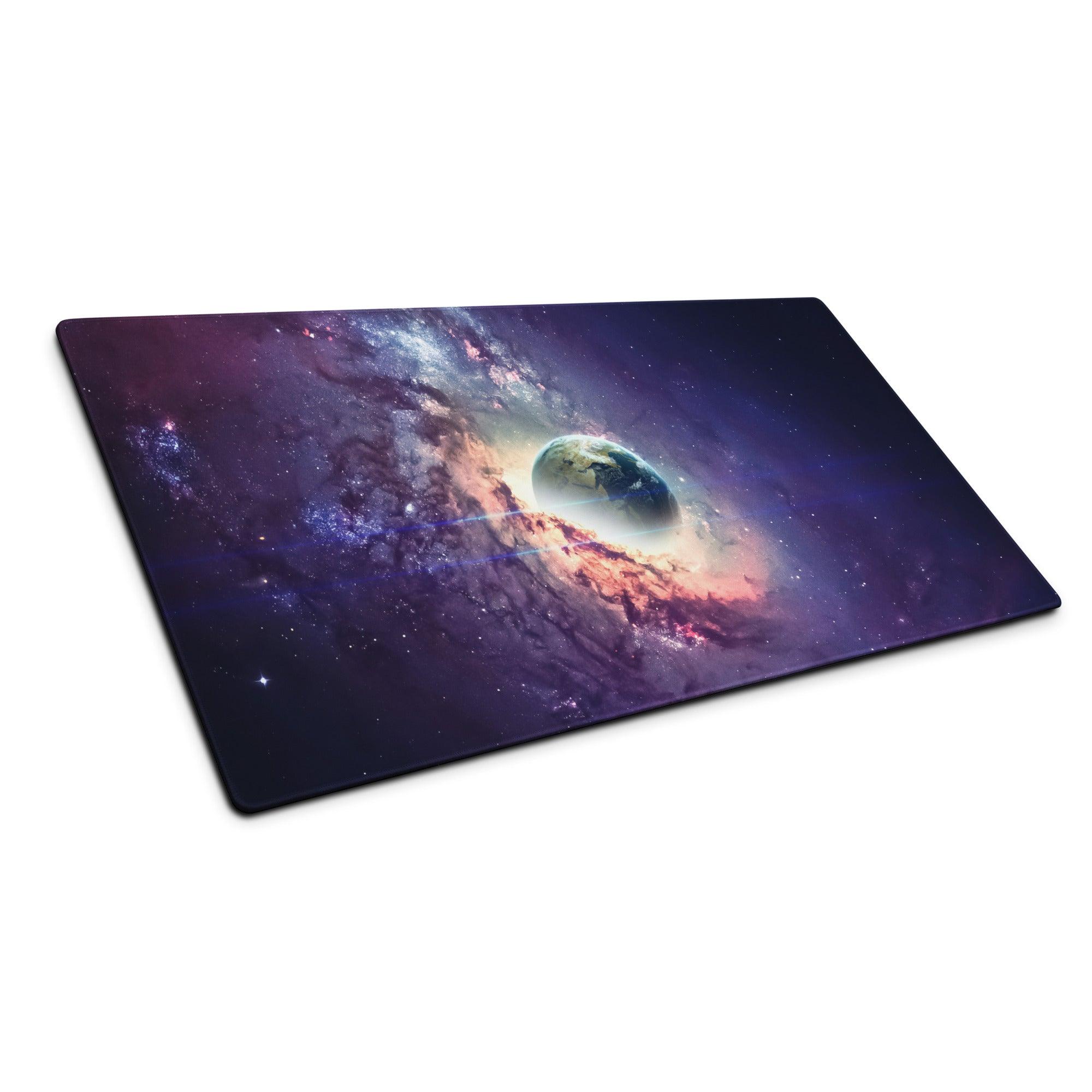 Large cosmic galaxy gaming mouse pad with earth, nebulae, starry design