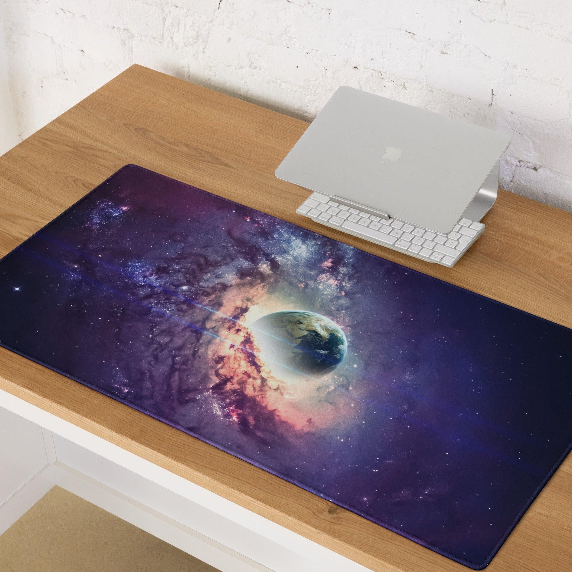 Cosmic galaxy mouse pad with Earth in swirling purple blue pink nebulae