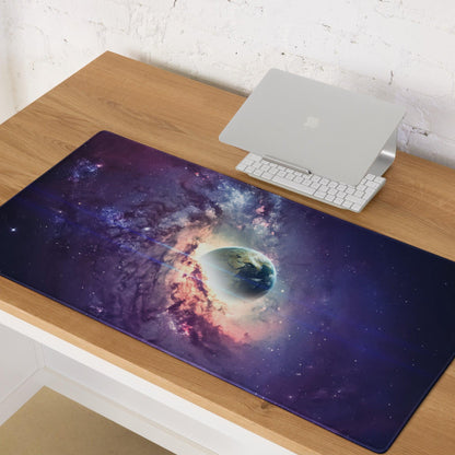 Cosmic galaxy mouse pad with Earth in swirling purple blue pink nebulae