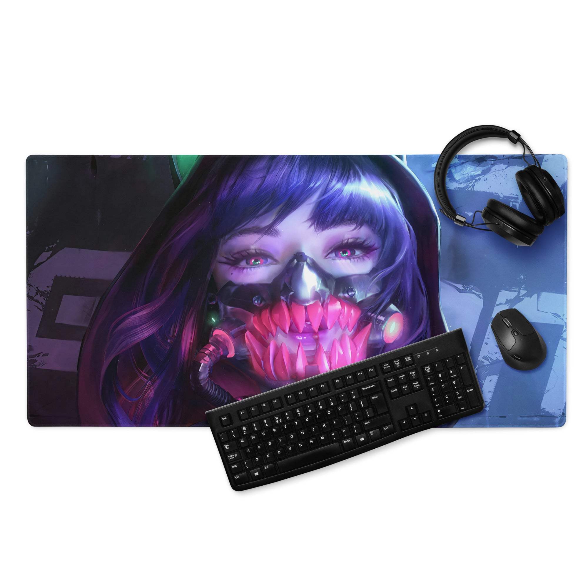 Cyberpunk neon purple anime portrait gaming mousepad with non-slip base