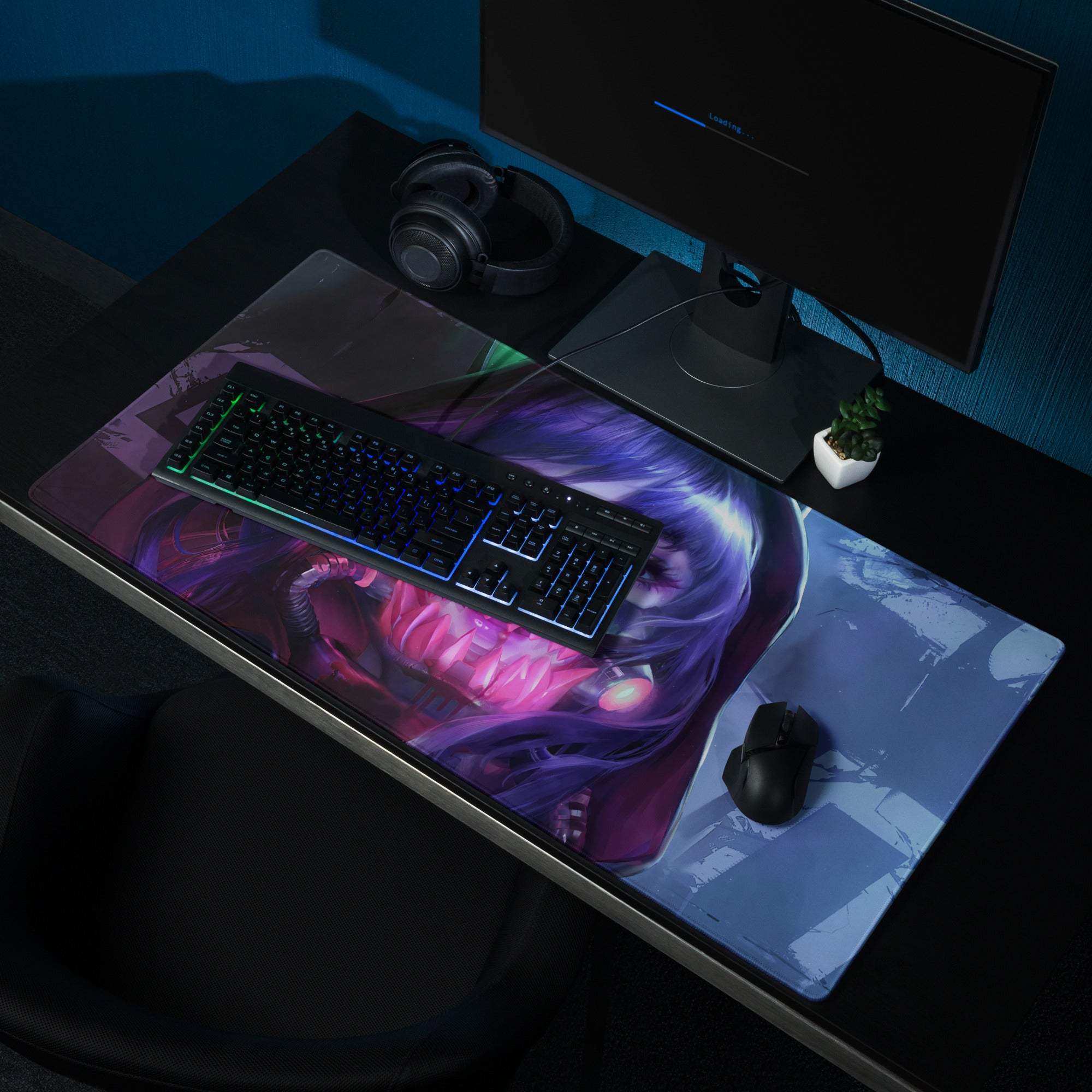 Cyberpunk neon purple portrait gaming mouse pad with purple hair character