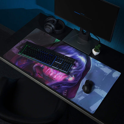 Cyberpunk neon purple portrait gaming mouse pad with purple hair character