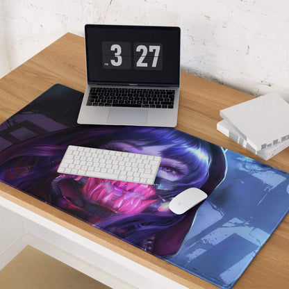 Cyberpunk neon purple anime portrait gaming mouse pad, glossy finish