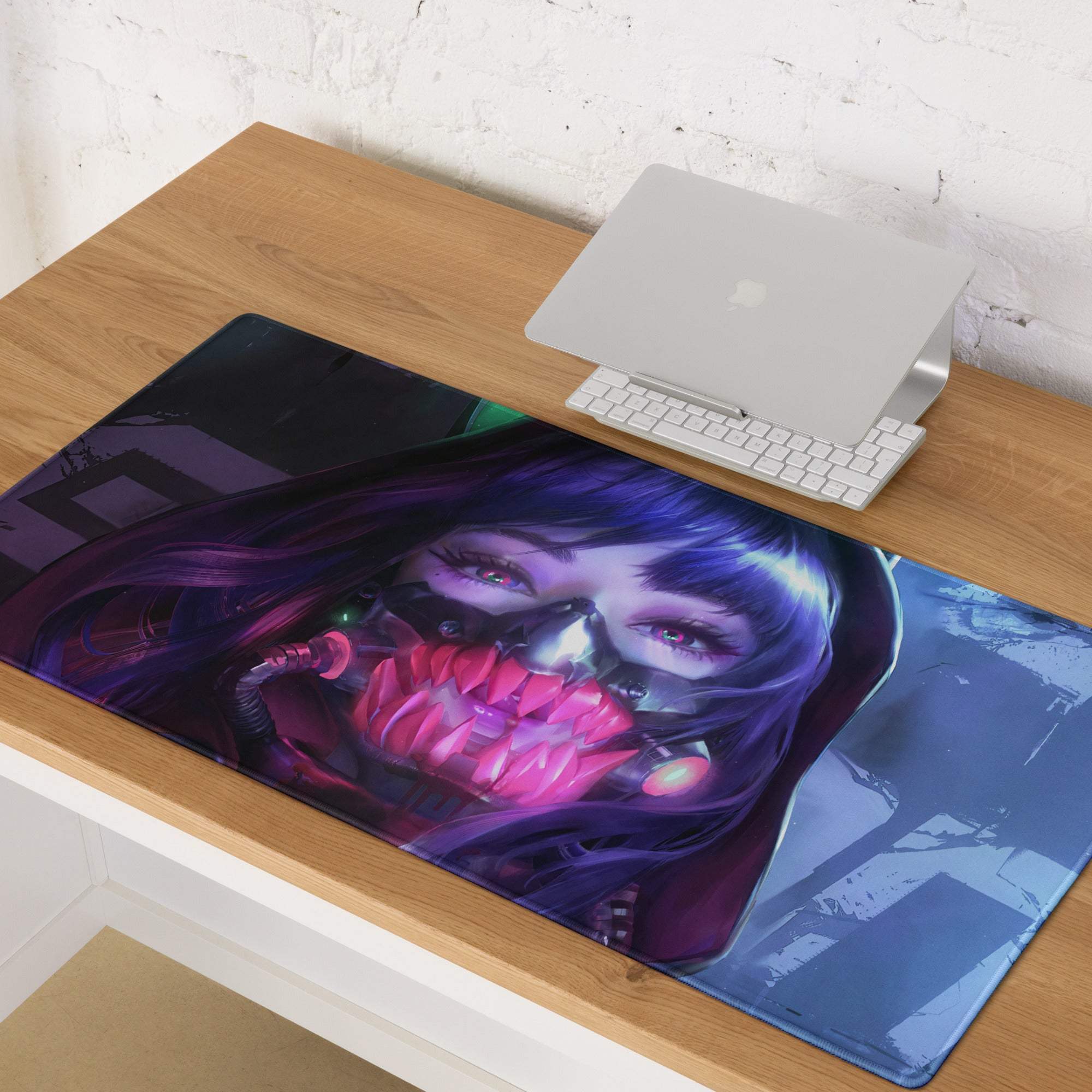 Cyberpunk neon purple portrait gaming mouse pad with purple hair character