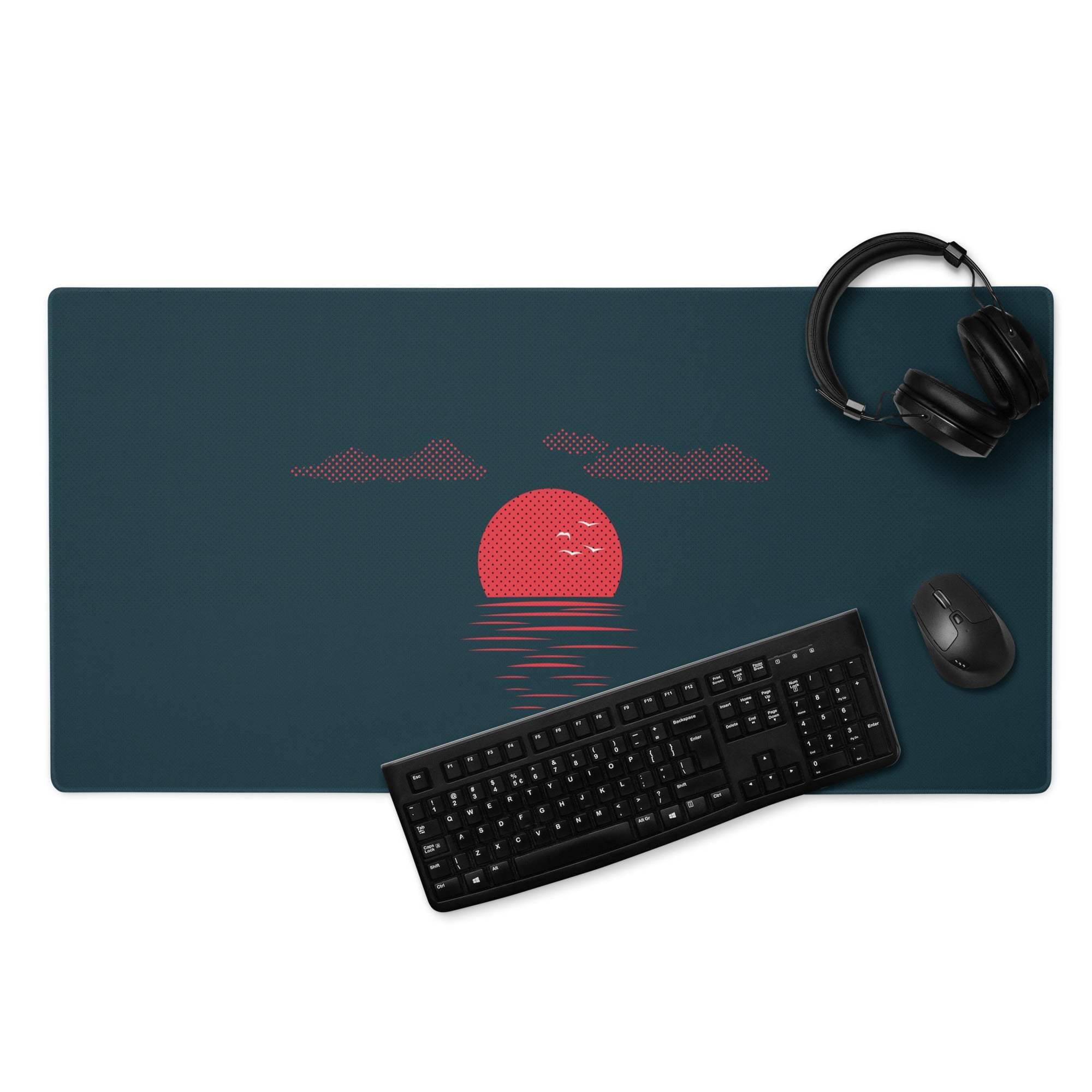 Dark navy large gaming mouse pad with red sunset over water, non-slip base