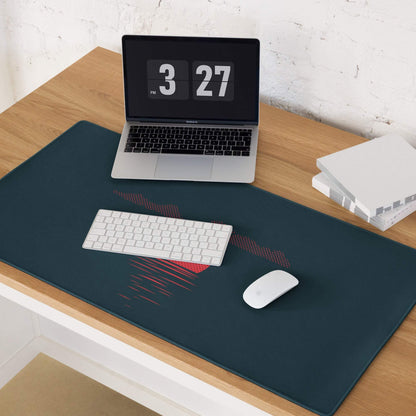 Dark teal gaming mousepad with red abstract wave, non-slip base, stitched edges