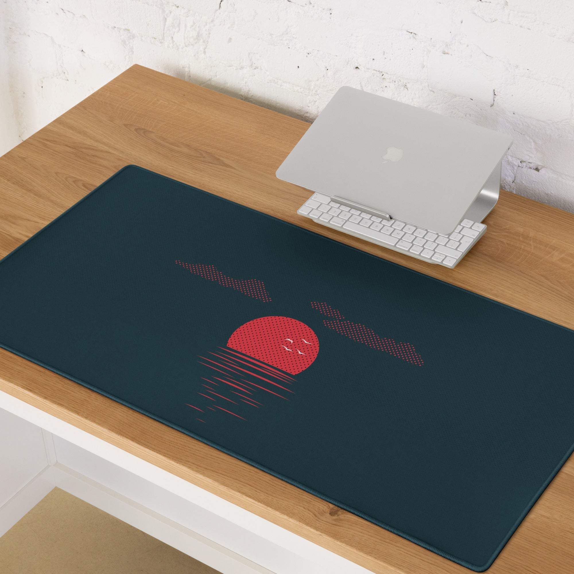 Dark teal large gaming mousepad with red sunset over water, non-slip base