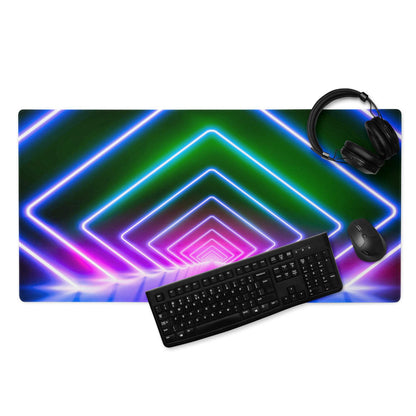 Neon geometric tunnel RGB gaming mouse pad with glowing patterns and non-slip backing