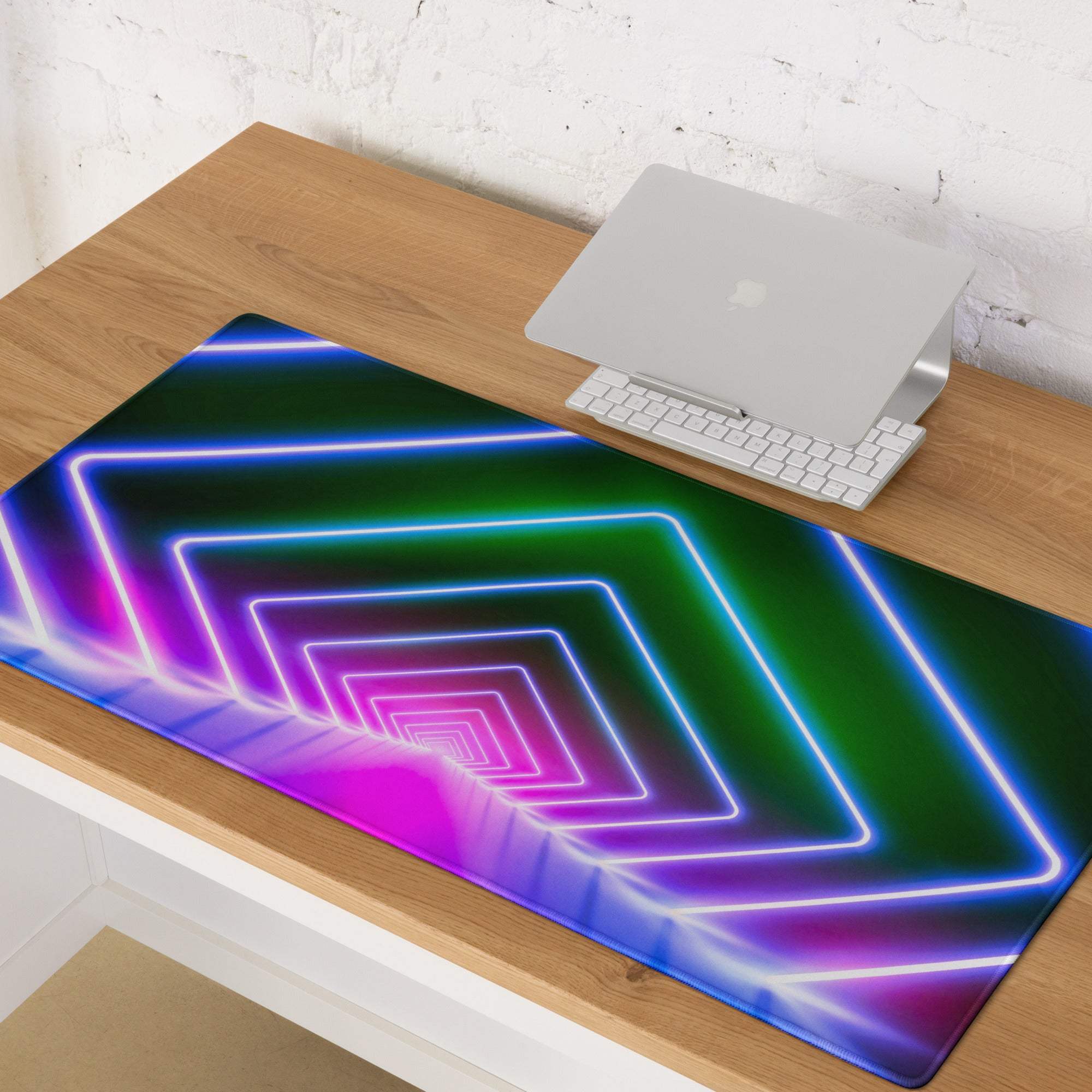 Vibrant neon geometric tunnel RGB gaming mouse pad with non-slip backing