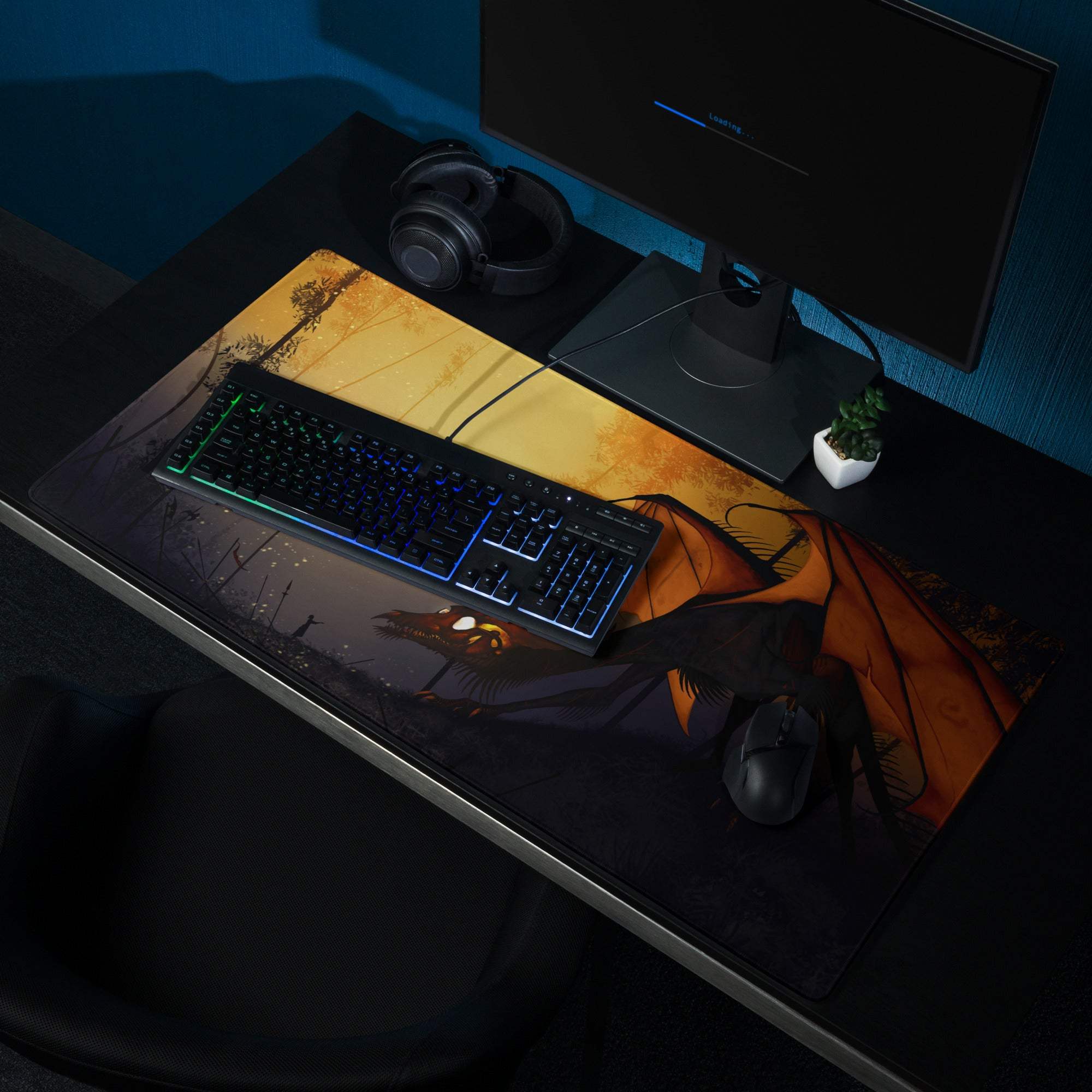 Orange black dragon sunset gaming mousepad textured surface non-slip base