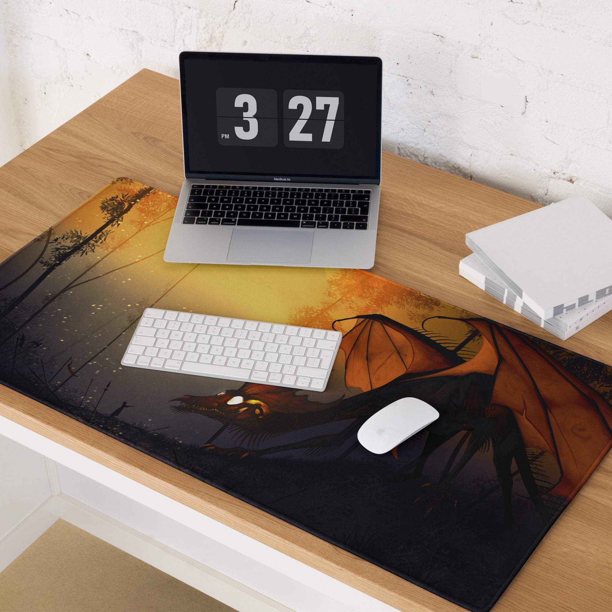 Stylized orange dragon sunset gaming mouse pad with large non-slip surface