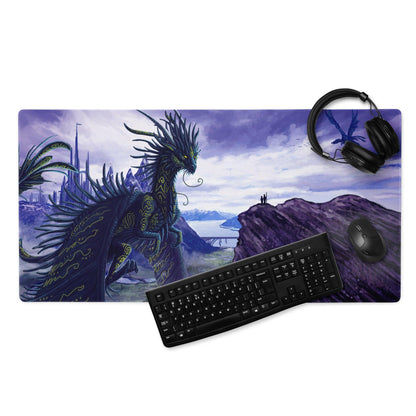 Purple black dragon gaming mousepad with golden details and non-slip base