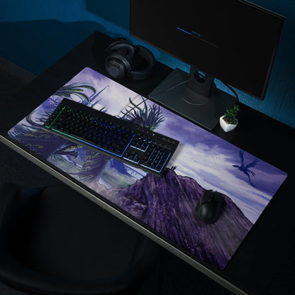Purple fantasy gaming mousepad with dragon landscape, mountains, non-slip base