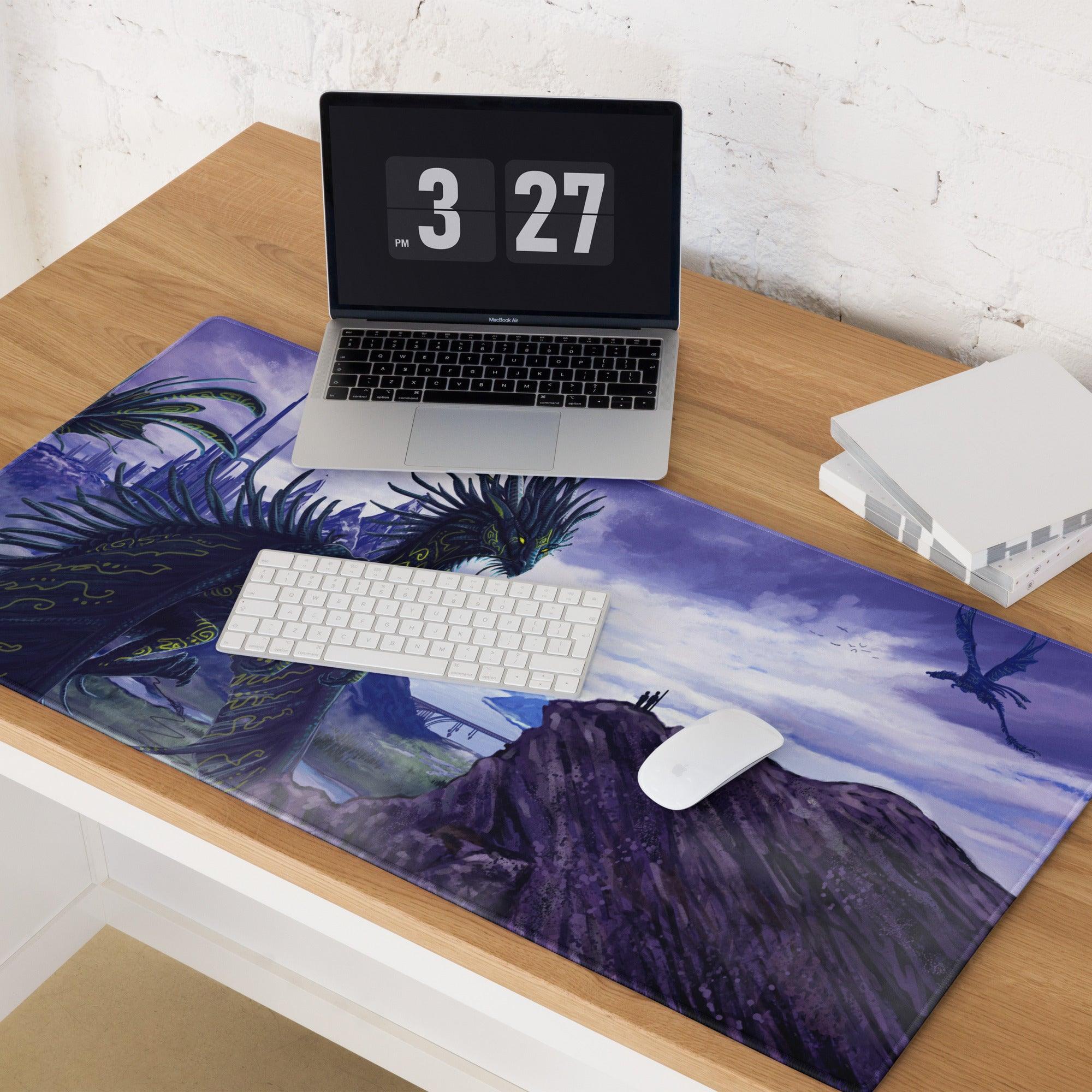 Purple dragon landscape gaming mouse pad with epic twilight fantasy design
