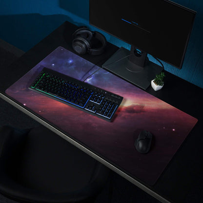 Vibrant cosmic nebula gaming mouse pad with edge stitching, non-slip base