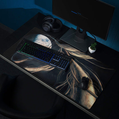 Black gaming mousepad with golden flowing hair, crescent moon, cosmic nebula theme