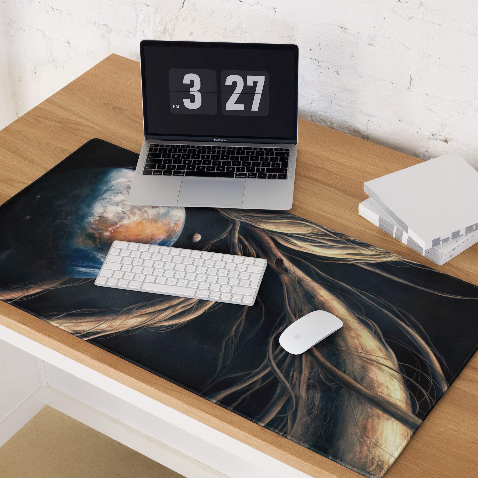 Black cosmic gaming mouse pad with planet, nebula, golden hair, non-slip backing