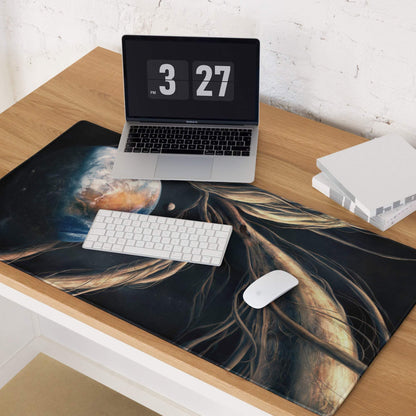 Black cosmic gaming mouse pad with planet, nebula, golden hair, non-slip backing