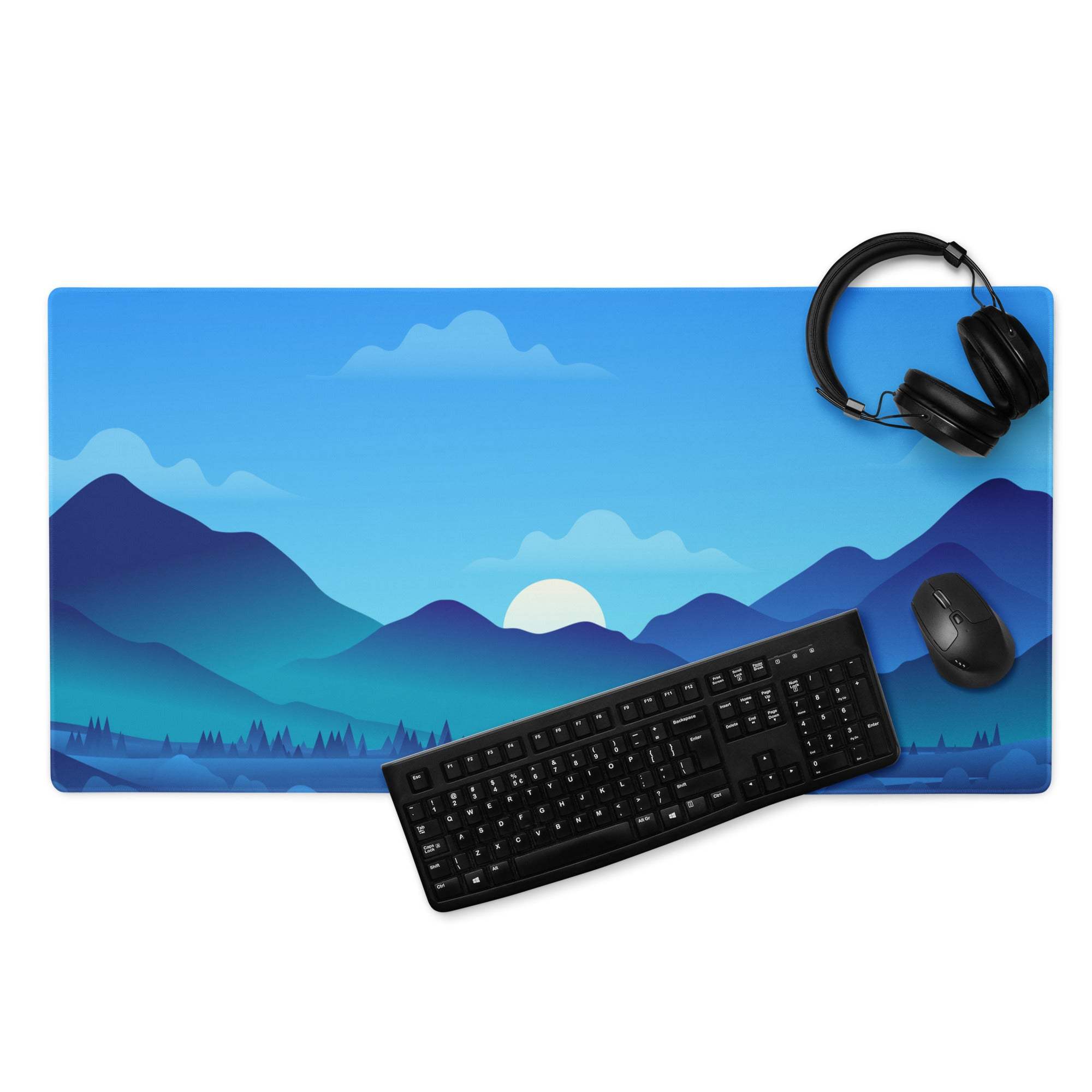 Vibrant blue mountain landscape gaming mouse pad with gradient sky and setting sun