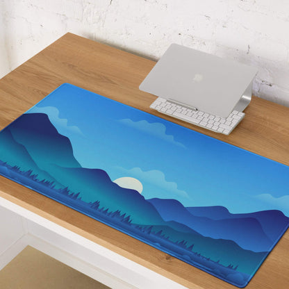 Vibrant blue gradient mountain landscape gaming mouse pad with white sun
