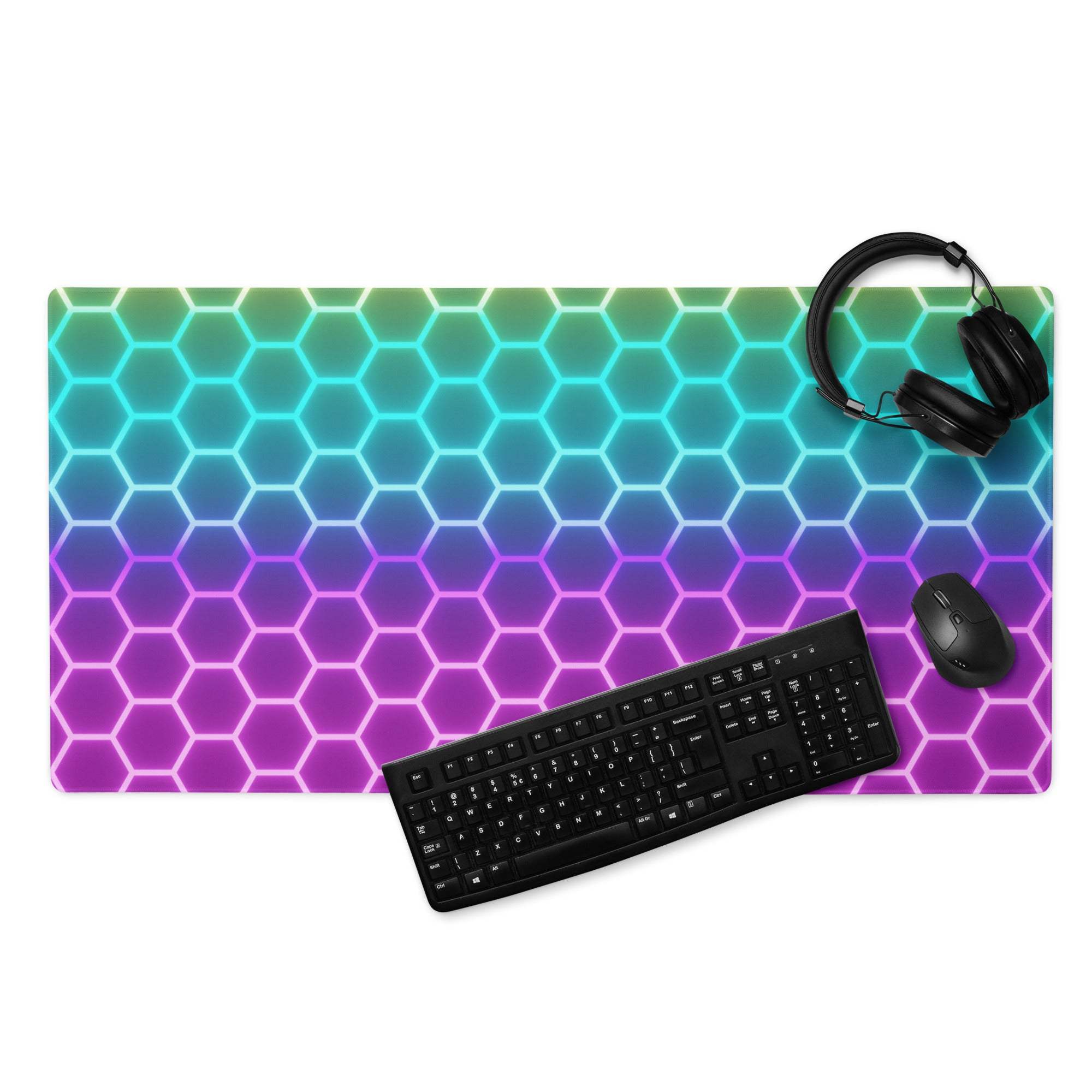 Futuristic RGB gaming mouse pad with teal-to-purple neon hexagon gradient