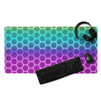 Futuristic RGB gaming mouse pad with teal-to-purple neon hexagon gradient