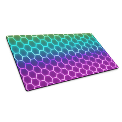 Vibrant RGB gaming mouse pad with green-to-purple hexagon gradient and non-slip base
