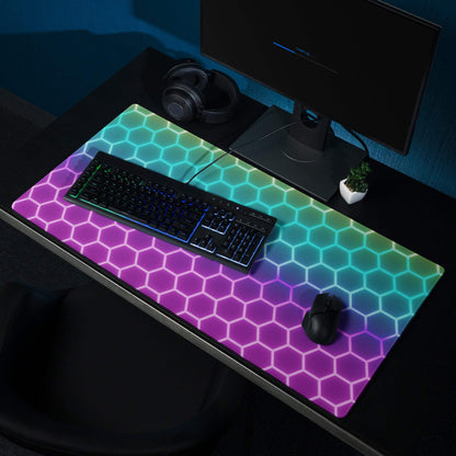 Vibrant RGB gaming mouse pad with futuristic rainbow hexagon pattern and non-slip base