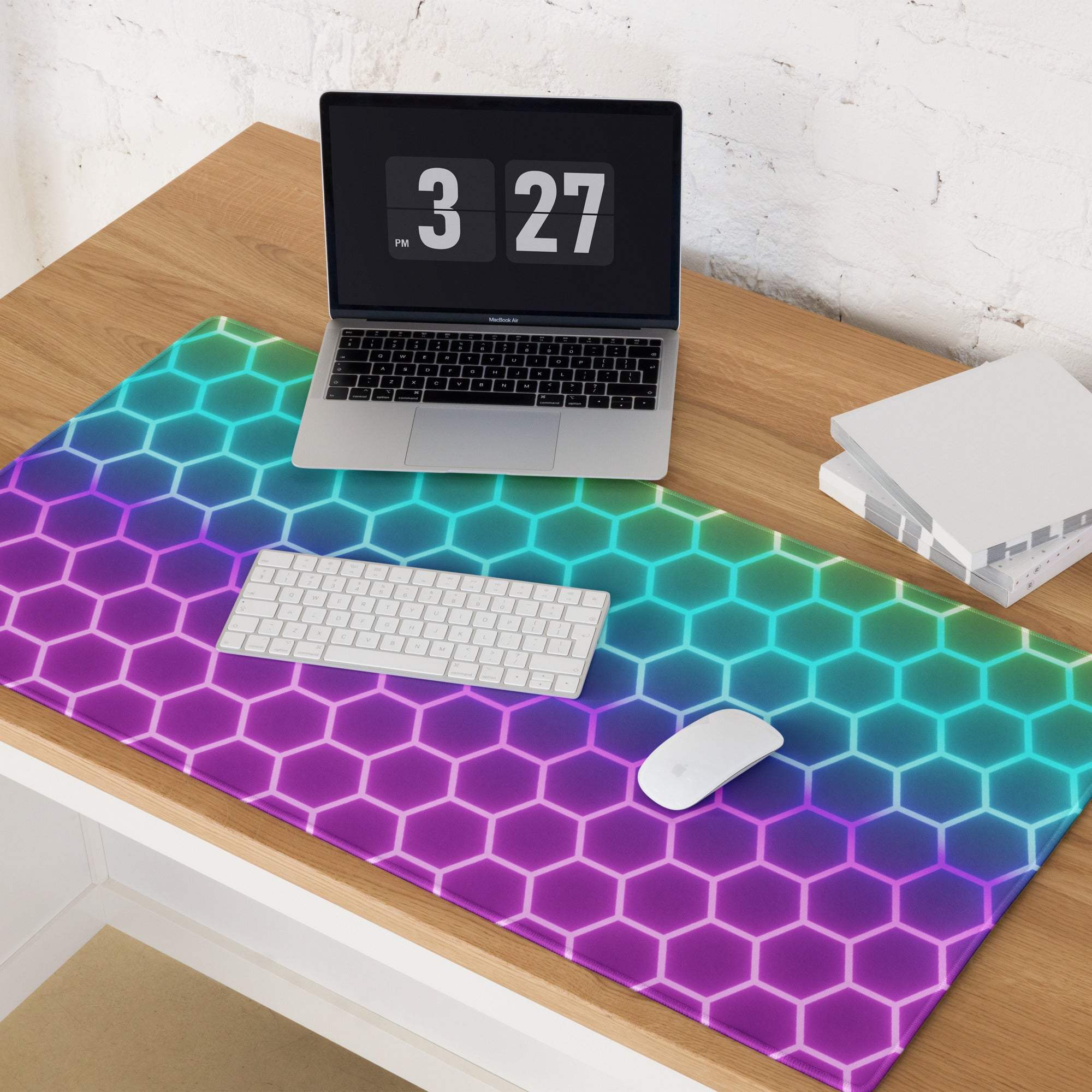 Vibrant RGB rainbow hexagon gaming mouse pad, large non-slip glossy surface