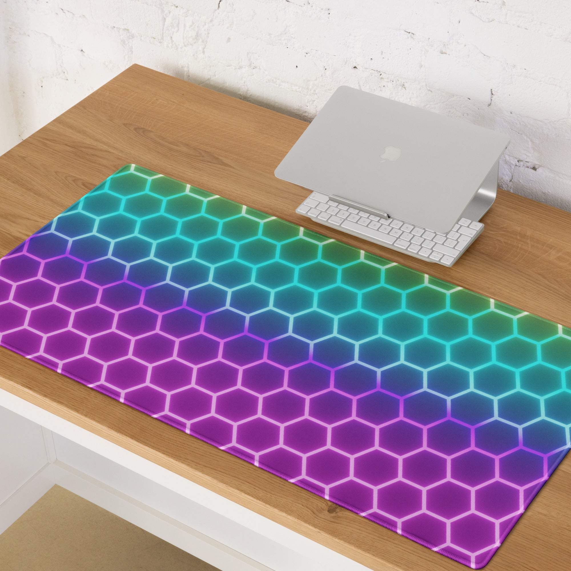 Vibrant RGB gaming mouse pad with futuristic rainbow hexagon pattern, non-slip base