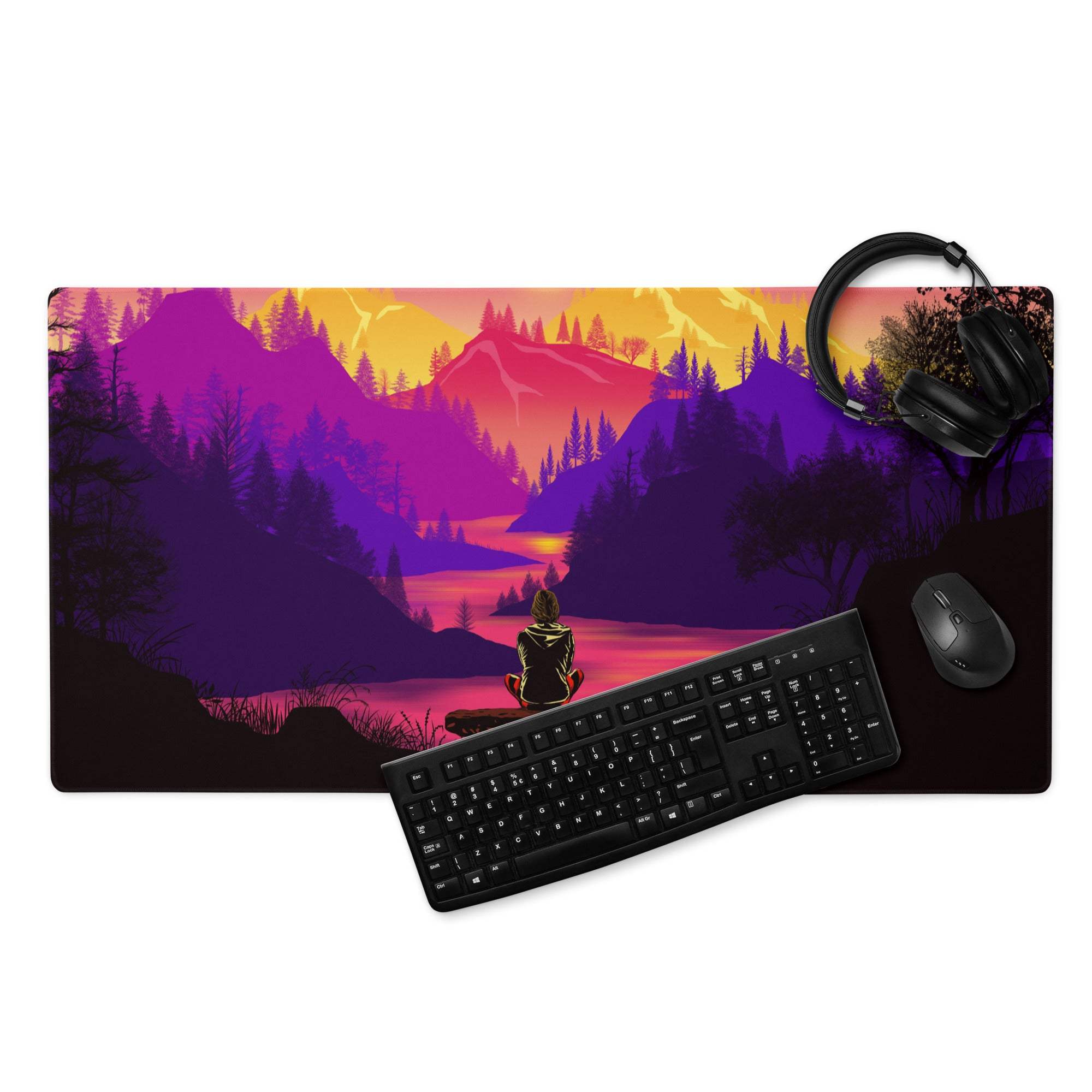 Vibrant purple orange sunset mountain mousepad with meditating silhouette