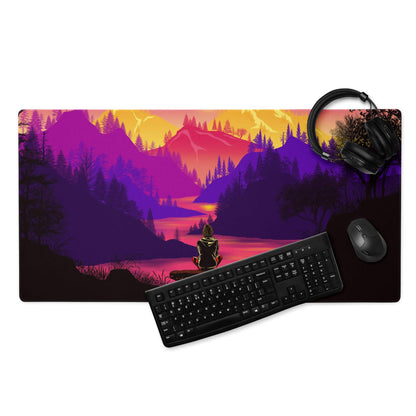 Vibrant purple orange sunset mountain mousepad with meditating silhouette