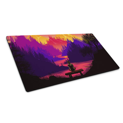 Vibrant purple orange sunset mountain landscape mousepad with bench silhouette