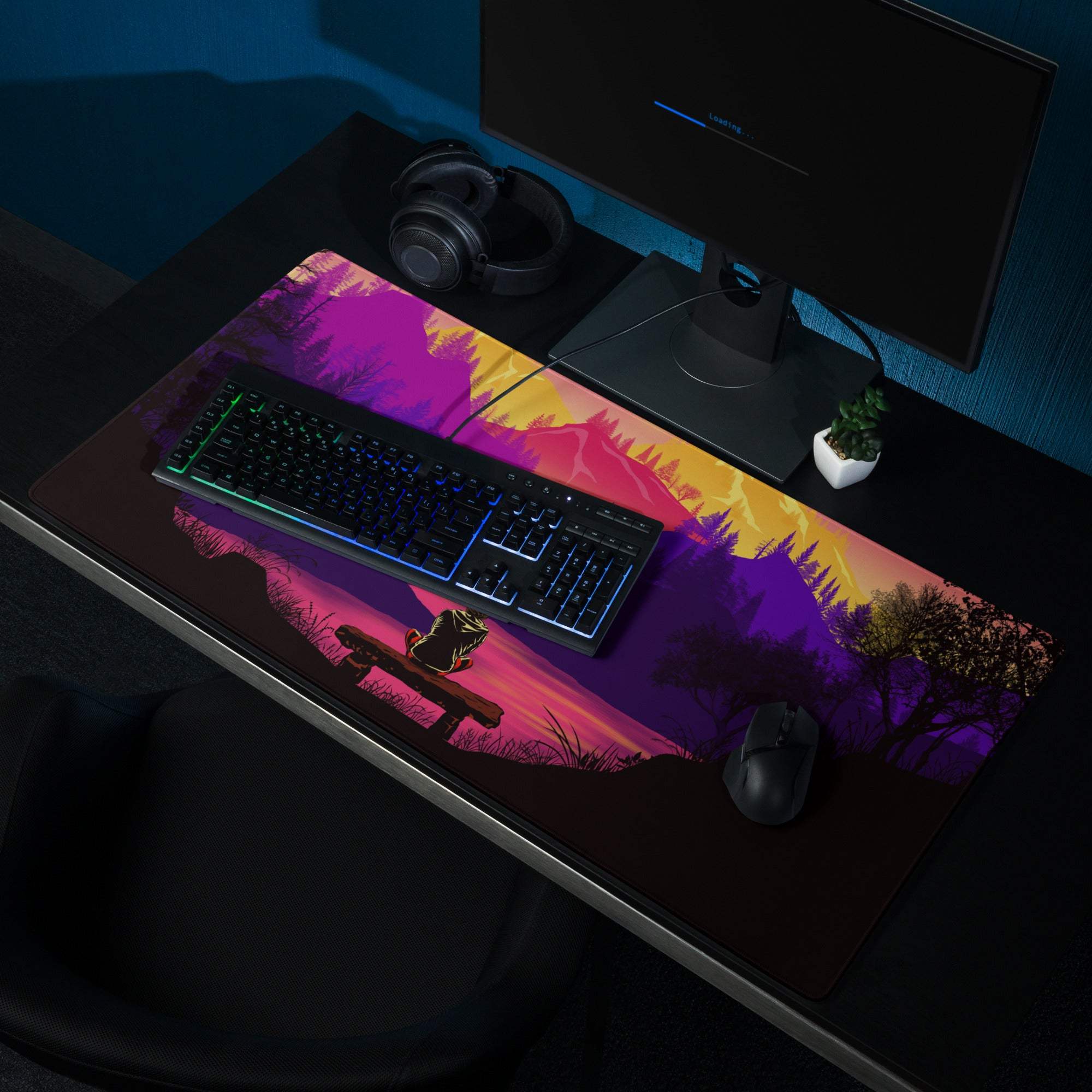 Vibrant purple orange sunset frog on sign gaming mousepad