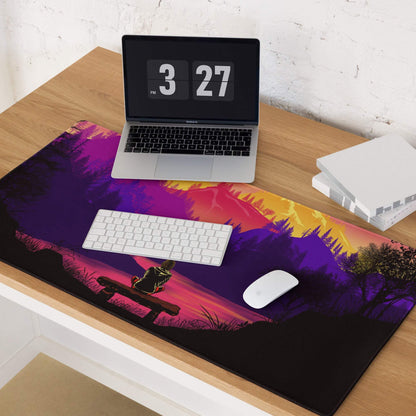 Vibrant purple orange sunset mountain gaming mousepad with bench silhouette