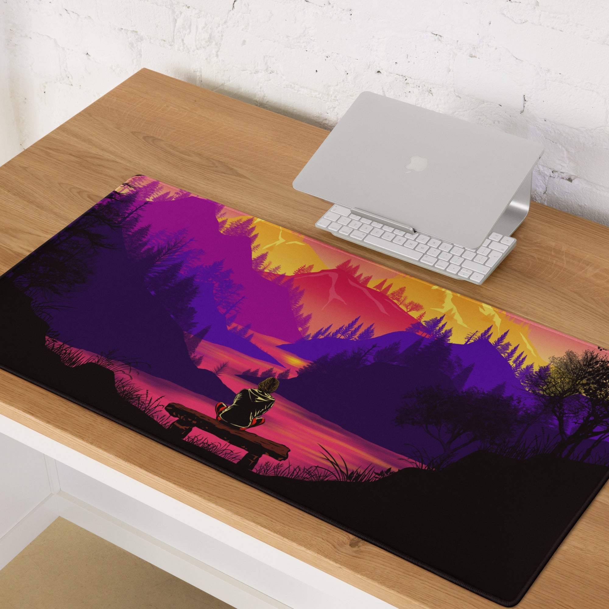 Vibrant purple orange sunset mountain landscape gaming mousepad with bench silhouette