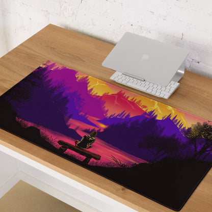 Vibrant purple orange sunset mountain landscape gaming mousepad with bench silhouette