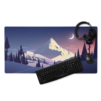 Large stylized mountain twilight gaming mouse pad with non-slip base
